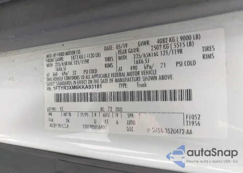 2019 Ford Transit-250 z USA, uszkodzony, nr VIN 1FTYR3XM6KKA93181